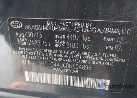 2013 Hyundai Sonata Se 2.0T из США, поврежденный, VIN 5NPEC4AB6DH804896